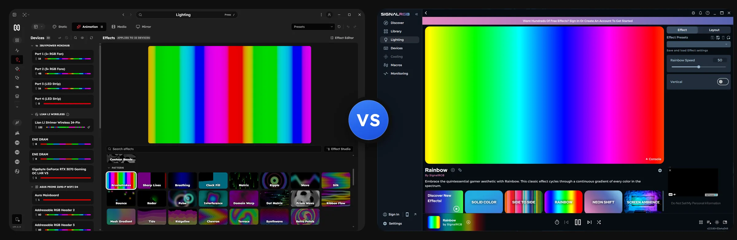 Nexus and SignalRGB Lighting pages side by side