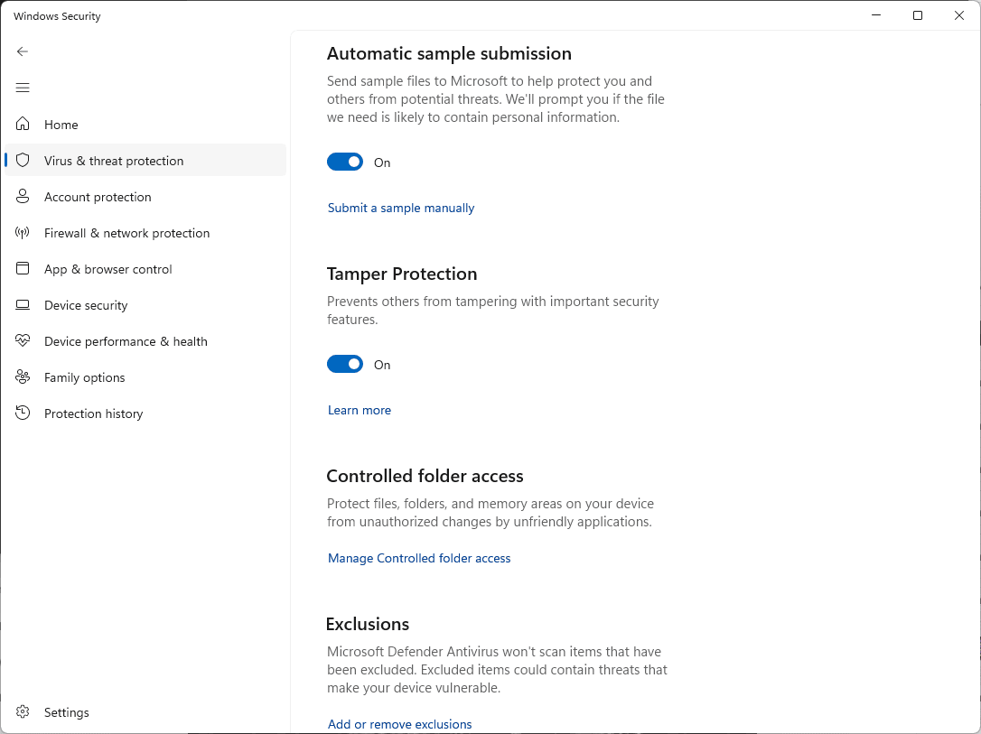 Windows Security Virus and threat protection settings page scrolled to the Exclusions section, with the Add or remove exclusions link at the bottom