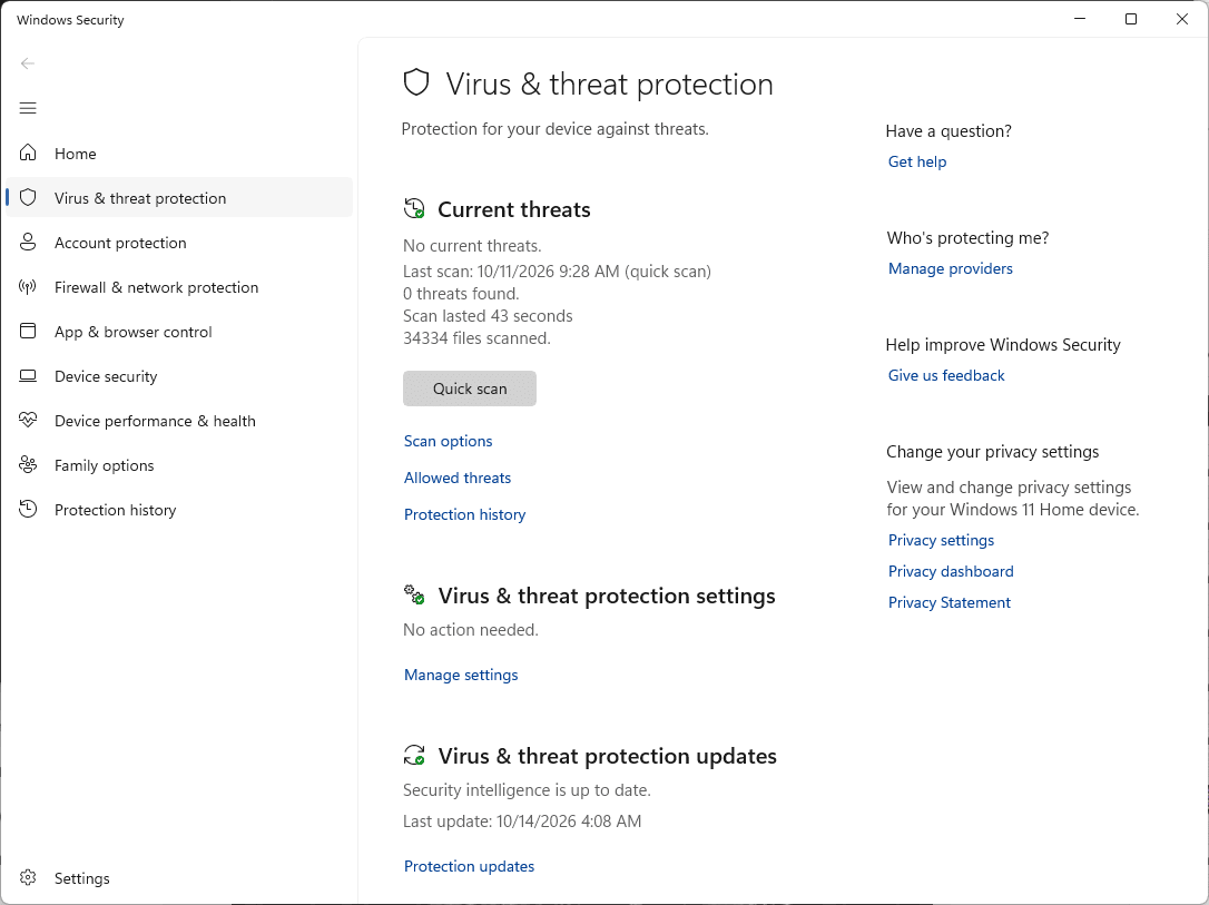 Windows Security open on Virus and threat protection, showing Current threats, Quick scan, Allowed threats, Protection history, and Manage settings